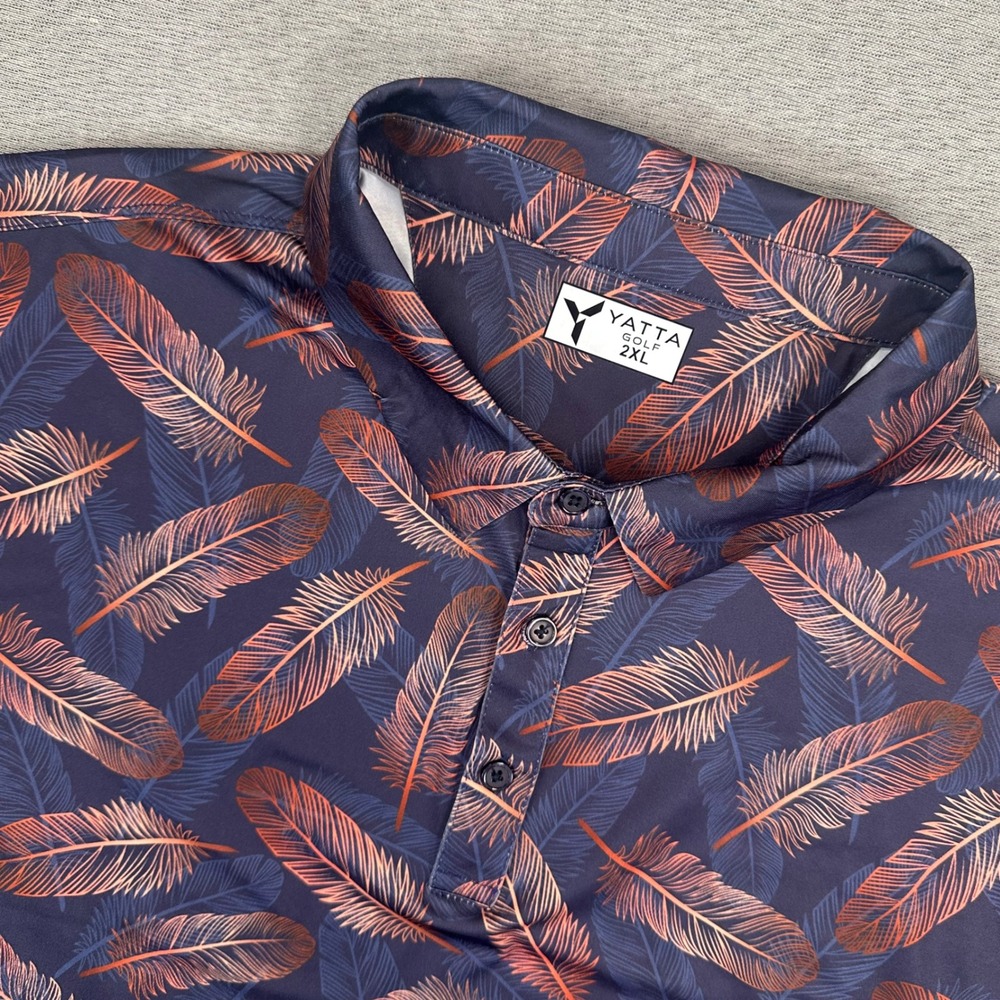 Yatta Golf Polo Shirt Mens 2XL‎ Navy Feather Print Performance Short Sleeve AOP